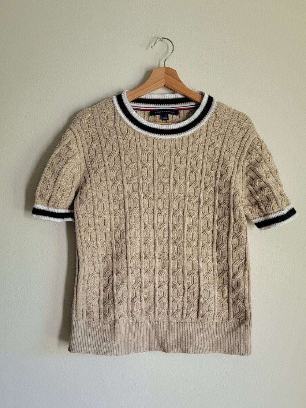 Tommy Hilfiger Womens Cable Pullover Short Sleeve Sweater Cotton Preppy Brown L